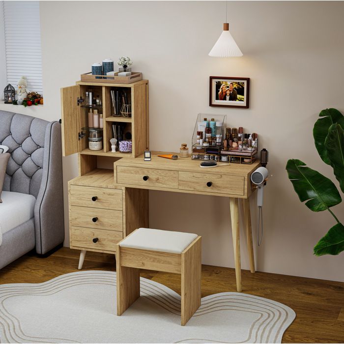 Coiffeuse Miroir Escamotable 5 Tiroirs avec Tabouret Bois d’Ingénierie Naturel Beige 84 × 40 × 120 cm