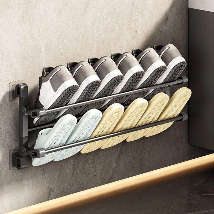 Range Chaussures Mural Pliable Réglable Sans Perçage Support Inox Noir pour Entrée et Salle de Bain