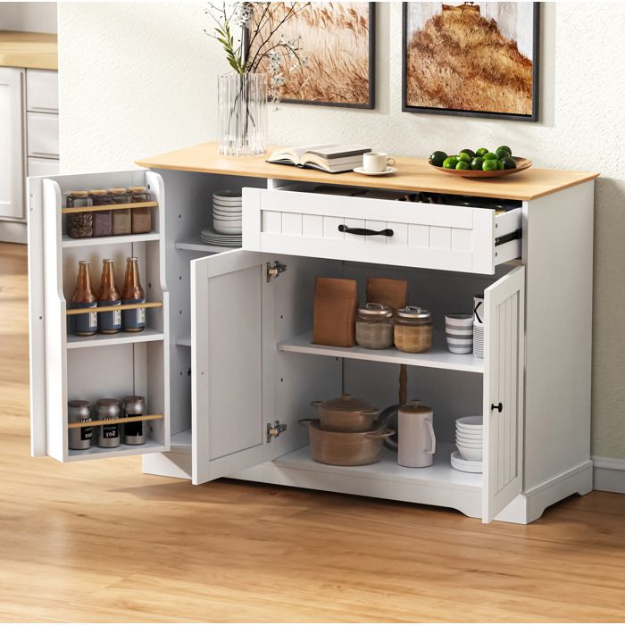 Buffet bas moderne 3 portes et 1 tiroir - MDF - Blanc et naturel - 107 x 40 x 84 cm