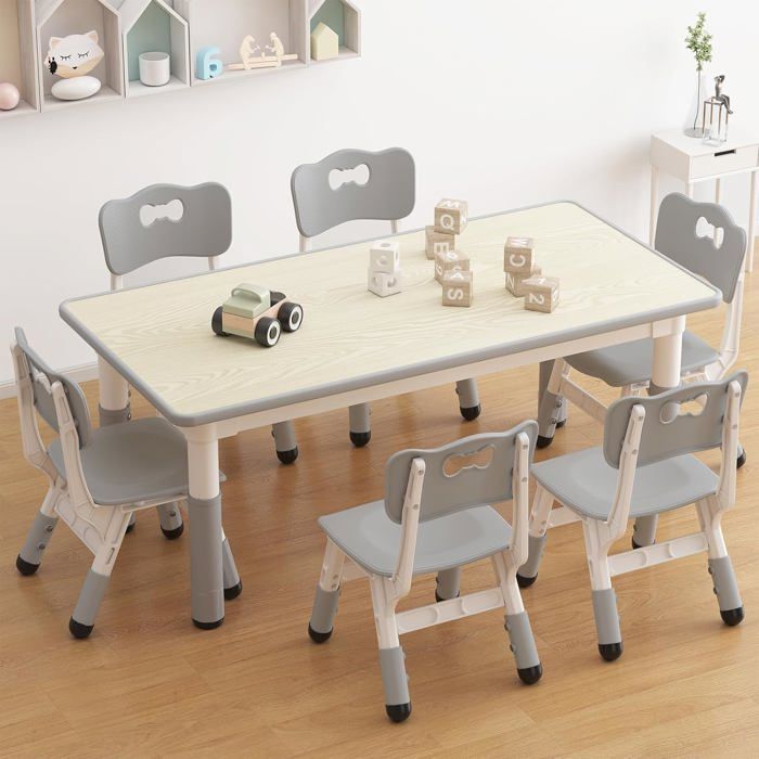 Ensemble table et 6 chaises pour enfants matériau anti-graffiti adapté aux crèches classes et maison 2 à 10 ans Gris Clair
