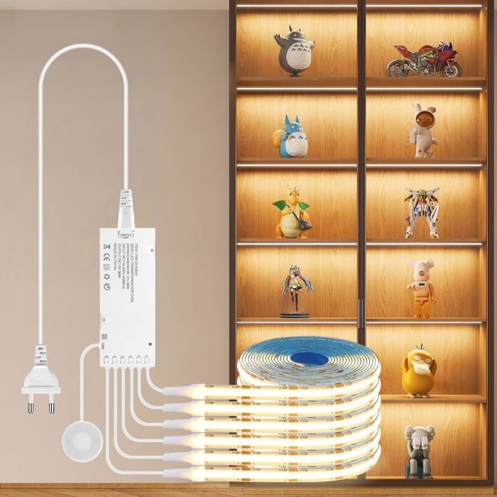 Ruban LED COB 1 m - lot de 6 rouleaux 12 V blanc chaud - découpable avec variateur et capteur tactile - éclairage étagère et armoire