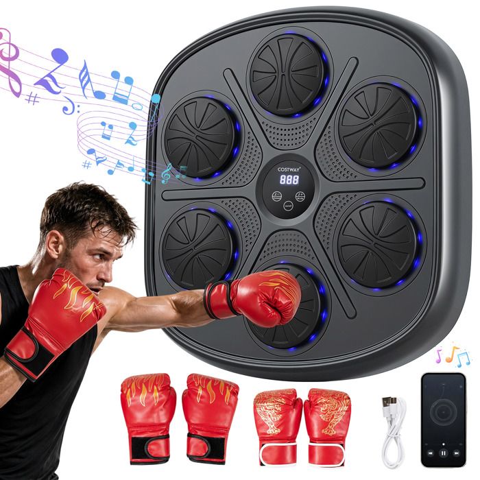 Machine de Boxe Musicale Murale COSTWAY-10 Vitesses 9 Modes dÉclairage-Bluetooth-Écran LED-sans Perçage-2 Gants Inclus Machine de Boxe Musicale Murale COSTWAY-10 Vitesses 9 Modes dÉclairage-Bluetooth-Écran LED-sans Perçage-2 Gants Inclus