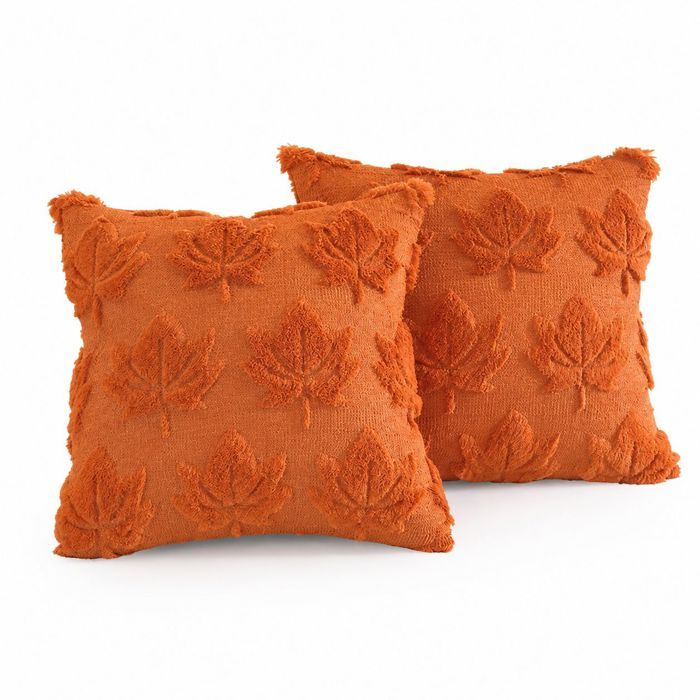 2pcs Housse de coussin –Motif citrouille brodée en velours coton doux – Salon canapé lit Halloween – 45x45cm Orange feuille dérable