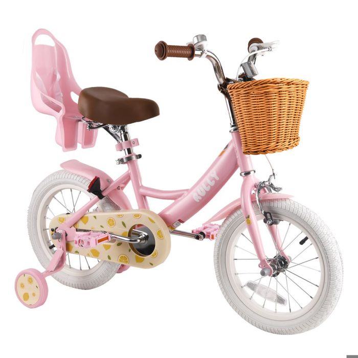Velo Enfant Rully 005 16 Pouces Rose - Vélo Fille 4-7 Ans avec Panier Porte-Poupée et Cadre Acier Robuste