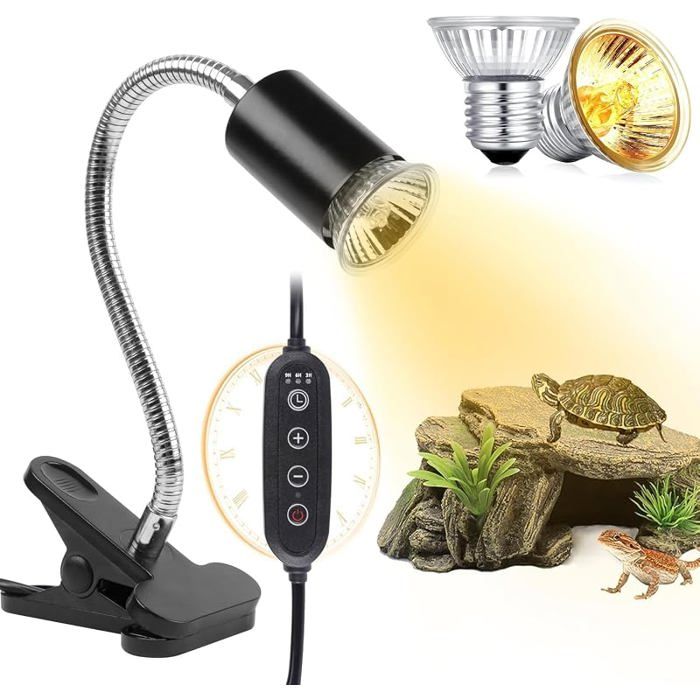 Lampe UVA UVB pour Tortues (Minuterie Cyclique) Lot de 2 Lampes Chauffantes pour Reptiles de 75 W Luminosité et Minuterie ECLAIRAGE