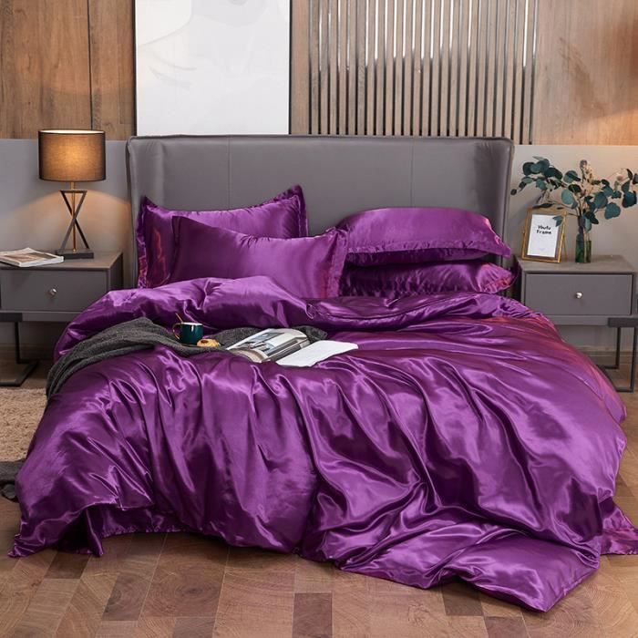 Ensemble Parure de lit Satin 220x240cm Lisse Housse de Couette avec 2 Taies doreillers 55*83cm + 1 Drap 230*240CM Couleur S