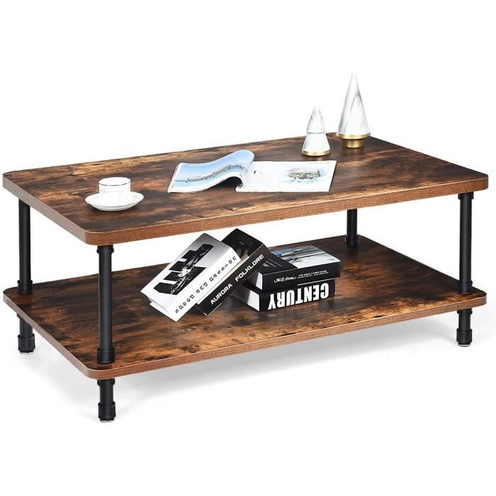 Costway Table Basse Industrielle,Table de Salon Vintage,Bout de Canap/é Moderne en Bois+M/étal avec 2 Niveaux de Rangement,4 Pieds Ajustables pour Salon,Bureau 106 x 60 x 45CM