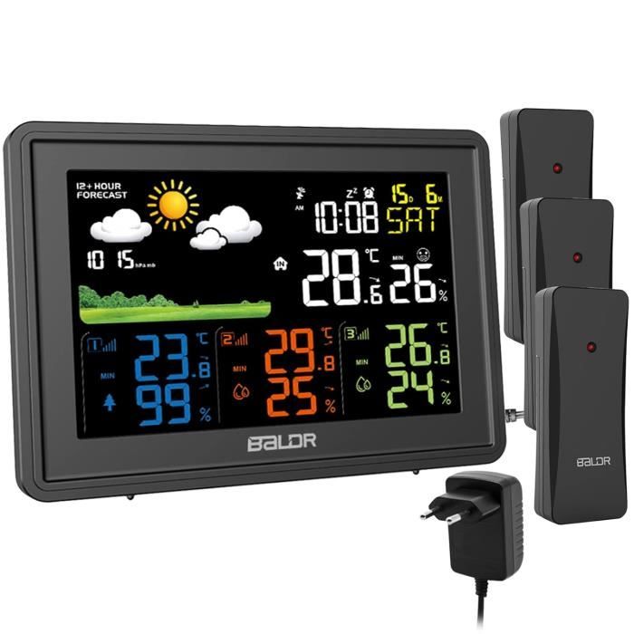 Station météo Capteurs sans fil intérieur / extérieur Thermomètre numérique  Hygromètre Led Lcd Display Thermomètre avec 3 capteurs à distance