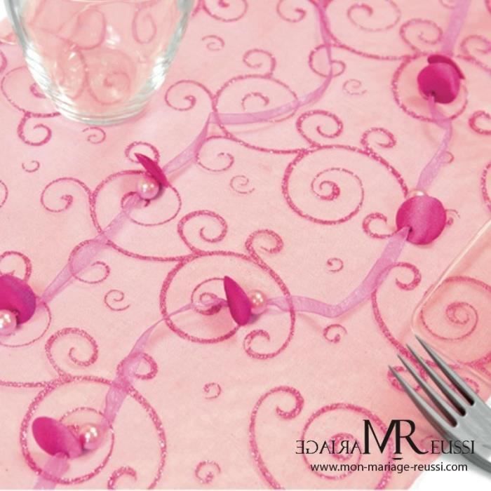 Chemin De Table Arabesque Organza Paillettes Fuchsia 28cm X 5m
