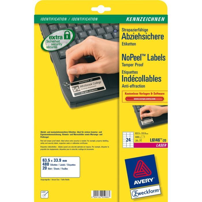 Étiquettes Résistantes Intempéries AVERY - 480 étiquettes 63,5x33,9mm - Pour Extérieur, Congélation, Identification