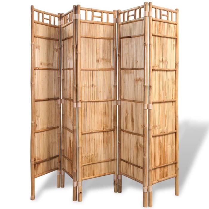 Cloison De Séparation Pliante 5 Panneaux 200cm Bambou Et Toile Blanche - Séparateur De Pièce 180cm Hauteur