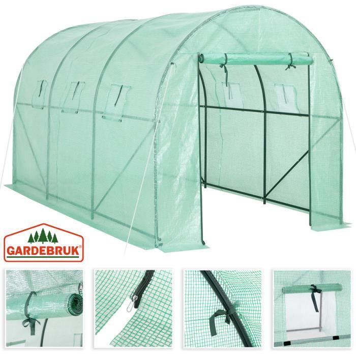 Serre de jardin tunnel avec bâche polyéthylène vert transparent 350x200x200cm 6 fenêtres serre 7 m² étagères légumes fruits semis