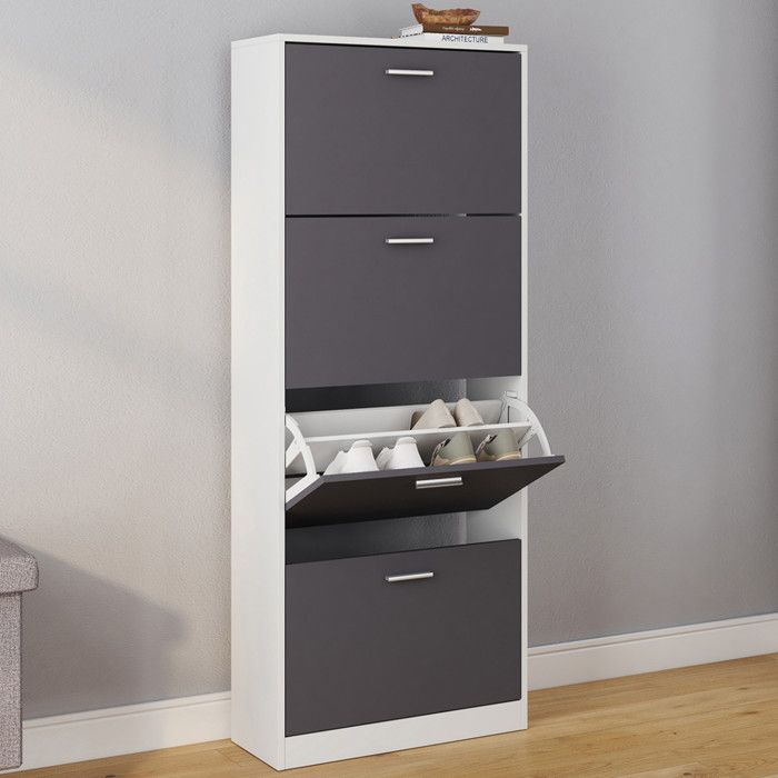 IDMARKET Meuble à chaussures 24 paires KLARK blanc 4 portes gris clair IDMARKET Meuble à chaussures 24 paires KLARK blanc 4 portes gris clair