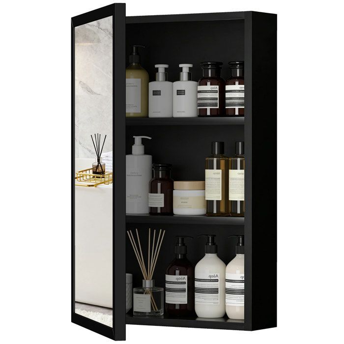 Armoire miroir - kleankin - salle de bain cadre acier inoxydable 1 porte miroir 2 étagères - inox - 40x12x60cm - noir