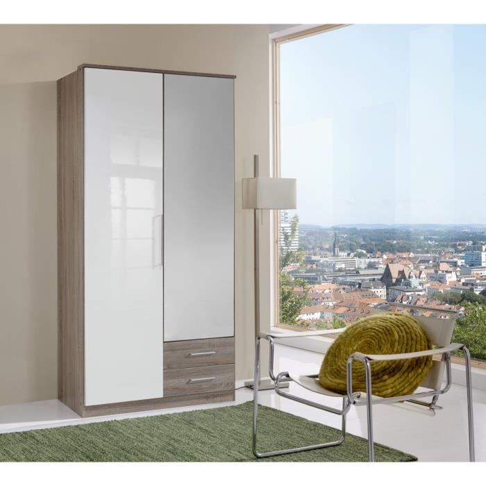 Armoire Contemporaine 2 Portes 2 Tiroirs Blanc Casse Laque Chene