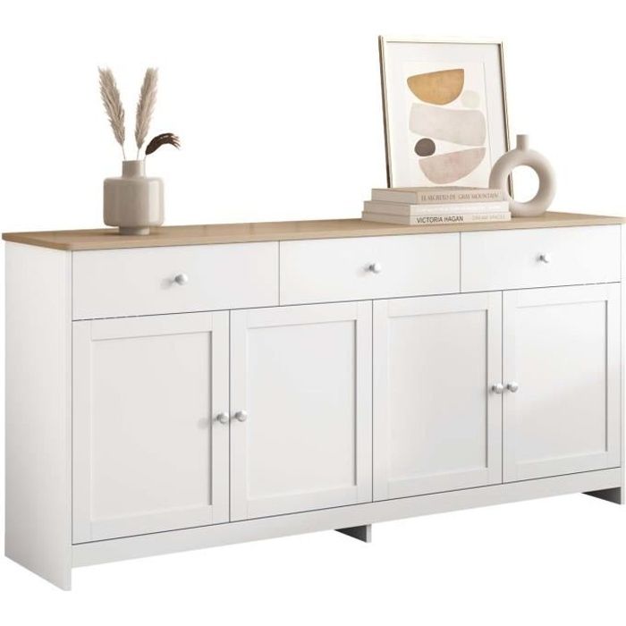 Buffet avec 4 portes et 3 tiroirs pour salon et salle à manger 160 x 37 x 75 cm naturel + blanc