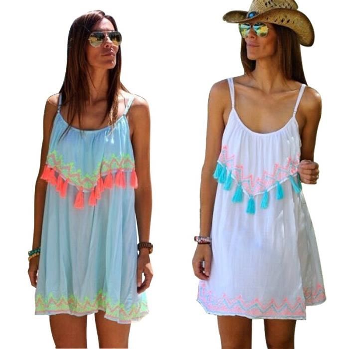 Mini Robe Courte Sexy Plage D Ete Bretelle Sans Manches Dos Nu Frange Vacances Casual Loisi Bleu Achat Vente Robe De Plage Cdiscount