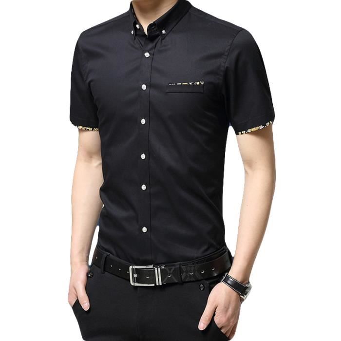 Chemise homme pas cher Jacquard slim chemise hommes à manches courtes Vêtement Masculin Noir - Achat / Vente chemise - chemisette - Cdiscount