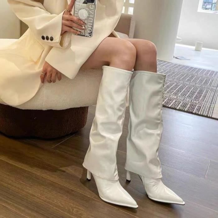 Bottes blanches polyvalentes a talons hauts et bout pointu pour femmes automne europeen et americain