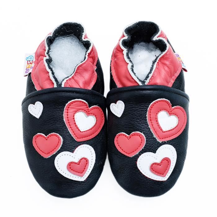Filles bébé-en cuir véritable semelle souple chaussures de bébé-noir avec coeurs