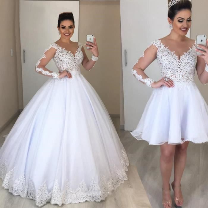 Robe de mariee blanche XL deux pieces 2020 nouveau temperament femme mariee col en V profond simple dentelle a manches longues