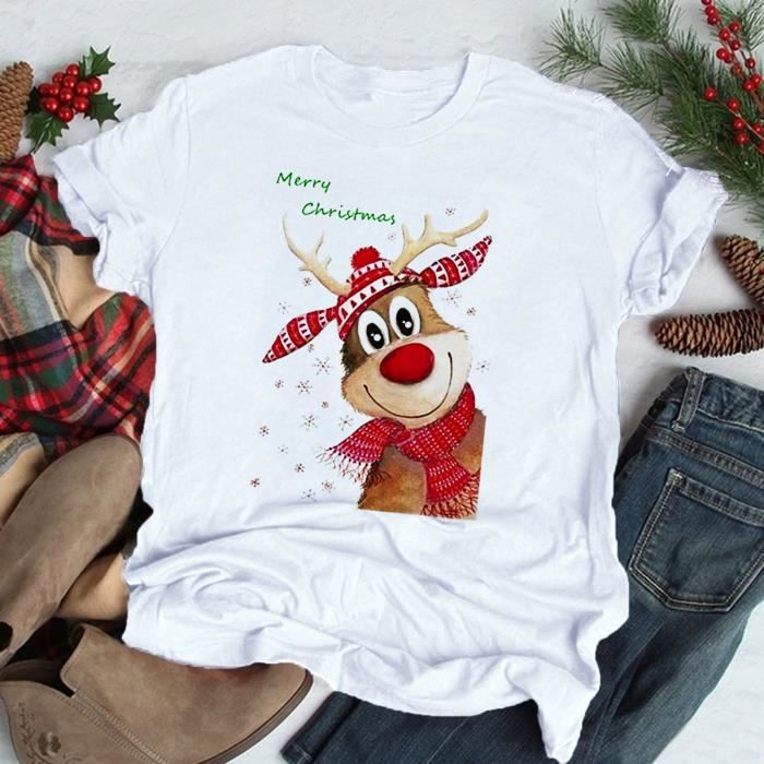 T-shirt imprimé de Noël pour femme Chemisier à manches courtes avec  chemisier à col rond blanc Blanc - Cdiscount Prêt-à-Porter