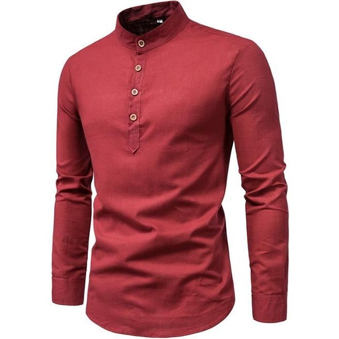 Chemise Homme FUNMOON En Lin Manche Longue Col Mao Slim Fit Rouge Cdiscount Pret a Porter