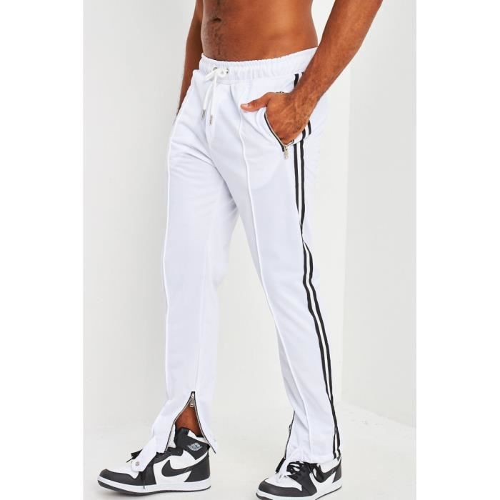 Pantalon Kickboxing Satin Noir + 2 Bandes Blanches – Enfant & Adulte – Taille Élastique, Coutures Renforcées