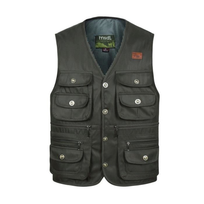 OBiQuzz Gilet sans manches pour homme - Sans col - Gilet de pêche avec de nombreuses poches - Vintage