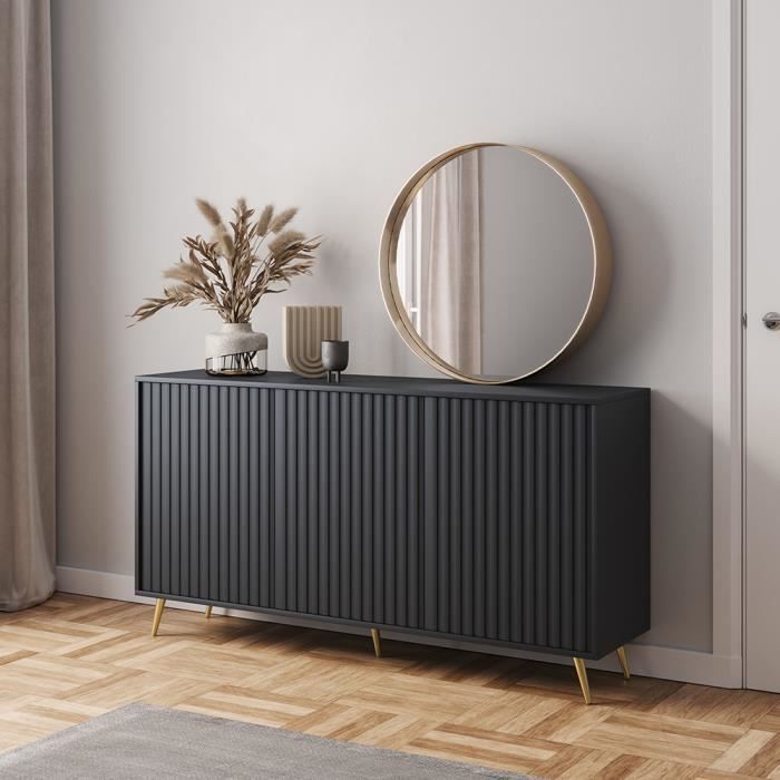 Commode trois portes - SELSEY - Bello - 154 cm - lamelles noire