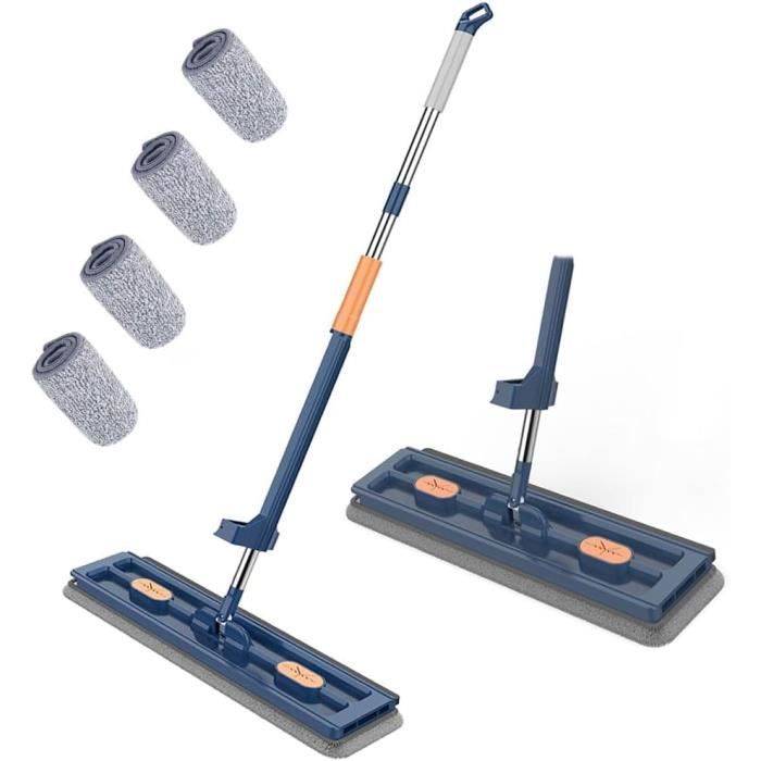 Balai Plat Avec Seau Et 6 Lingettes Microfibre - Rotation 360°, Manche Télescopique 137 Cm - Pour Sols Durs, Facile à Essorer