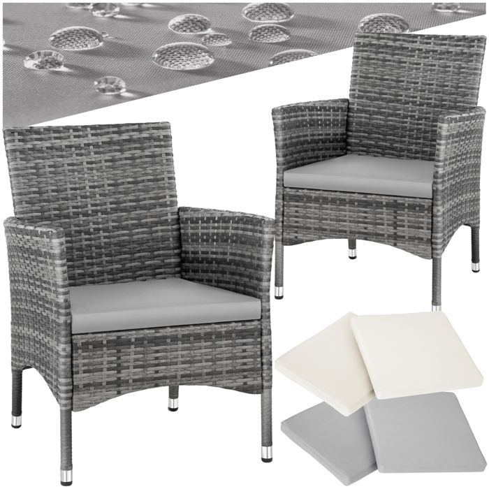 Fauteuils de jardin - TECTAKE - Lot de 2 chaises de jardin NANTES en rotin set de 2 housses résistant UV inclus - Gris/Gris clair