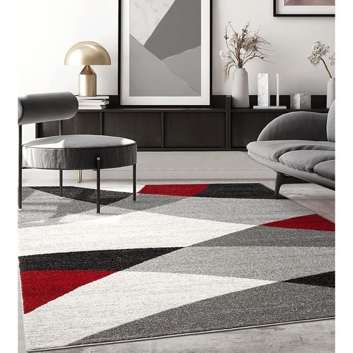 Tapis de salon - THE CARPET - PEARL - Géométrique - Gris Rouge - 80x140 cm