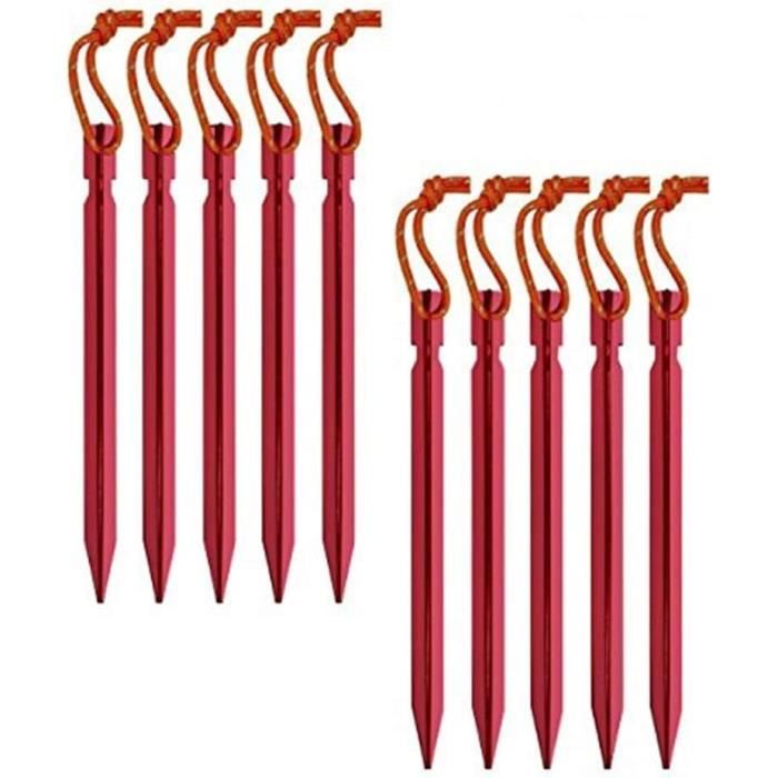 Lot De 10 Piquets De Tente En Aluminium Rouge - Pour Camping, Fixation Solide, Forme Carrée, Crochet
