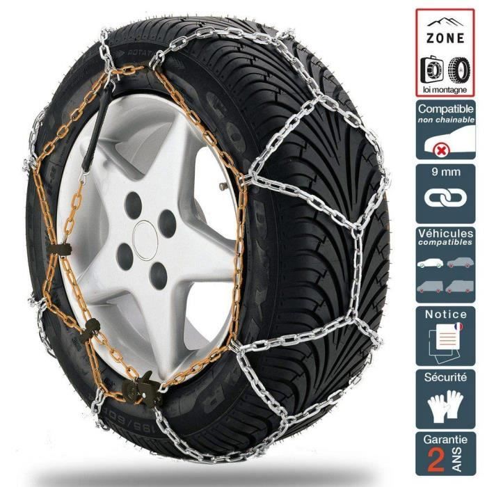 Chaînes à Neige 225/50 R17 En Acier 9mm - Homologuées ONORM V5117, Montage Ultra Rapide Avec Accessoires