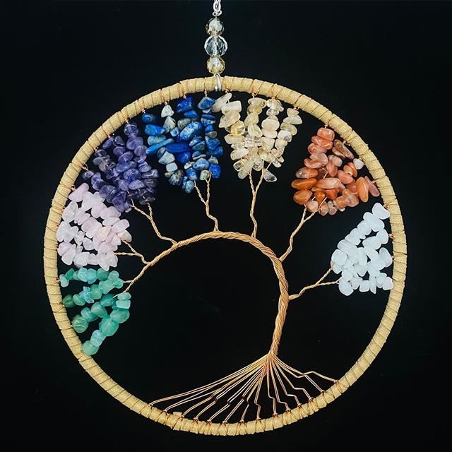 Carillon éolien 7 Chakras En Tranches D'agate - Arbre De Vie, 63-69 Cm, Décoration Intérieur/extérieur