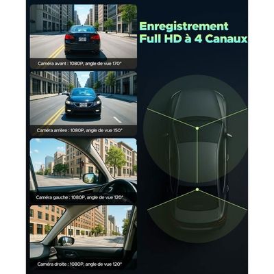 CAMECHO Dashcam 4 Canaux 1080P – Caméra Voiture Avant + 3 Latérales + Arrière, GPS, Écran 3", Vision Nocturne, 360°