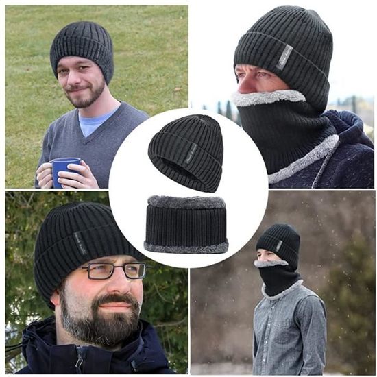 Bonnet Et écharpe D'hiver Ensemble - Homme Femme, Doublure Molleton, Extensible (tour De Tête 54-58cm)
