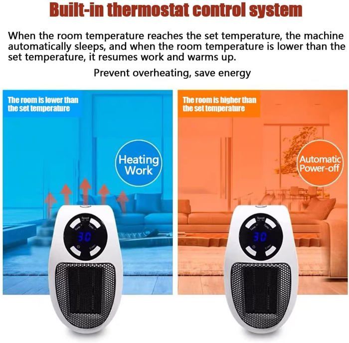 Chauffage Enfichable 500W, FainFun Mini Chauffe-Air Électrique Socket, Chauffage D'espace Mural Avec Télécommande, Radiateur Électrique Soufflant 500W Avec 2 Vitesses D'air, Thermostat, Timer(noir