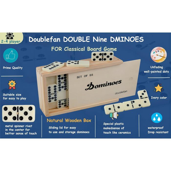 Ensemble de dominos pour adultes, double neuf dominos avec étui en bois, jeu de dominos classiques avec 55 titres de domino ivoire (2 à 6 joueurs Ensemble de dominos pour adultes, double neuf dominos avec étui en bois, jeu de dominos classiques avec 55 titres de domino ivoire (2 à 6 joueurs