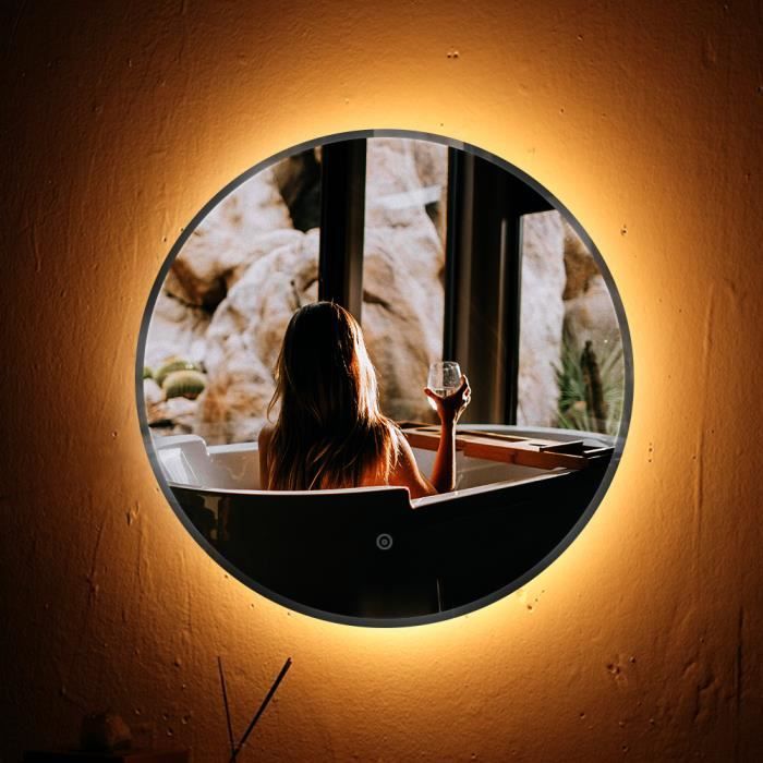 Heilmetz Miroir Salle de Bain Rond LED 60 cm Miroir Lumineux avec Anti-buée, Horloge, Température et Mémoire | Leroy Merlin