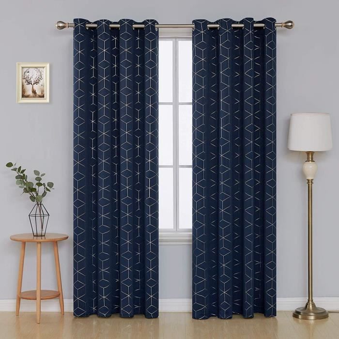 Lot De 2 Rideaux Occultants Deconovo - Motif Cubes Bleu - 140x240 Cm - À Oeillets - Neuf