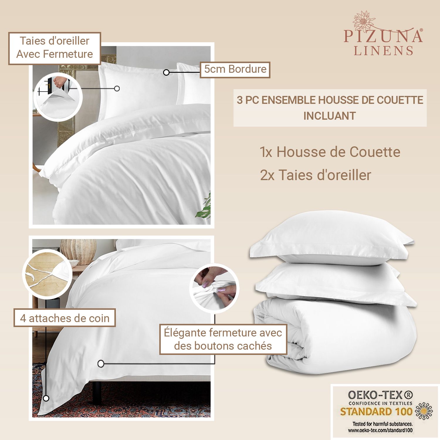 Parure de lit blanc 100% coton housse de couette + 2 taies d'oreiller -  260x240 cm - 65x65 cm TEX HOME : la parure de lit + 2 taies d'oreiller à  Prix Carrefour