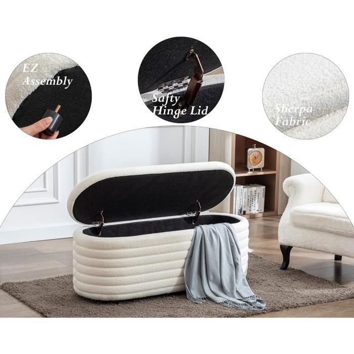 Home Republic Pouf De Rangement Pliable Beige Bouclé 76 X 38 Cm - Banc Coffre Avec Couvercle