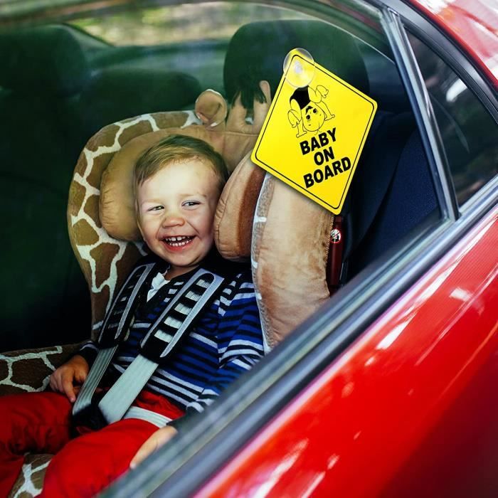 2Pièces Jaune Bébé à Bord Signe pour Voiture, Avec 2 Ventouse Sticker Baby  on Board Autocollants D'avertissement de Sécurité Réfléchissante pour
