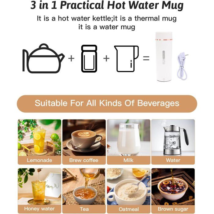 Bouilloire électrique Portable KIMIGO 500 Ml - Mini Chauffe-eau Voyage Avec 4 Températures Réglables - Pour Thé, Café, Lait