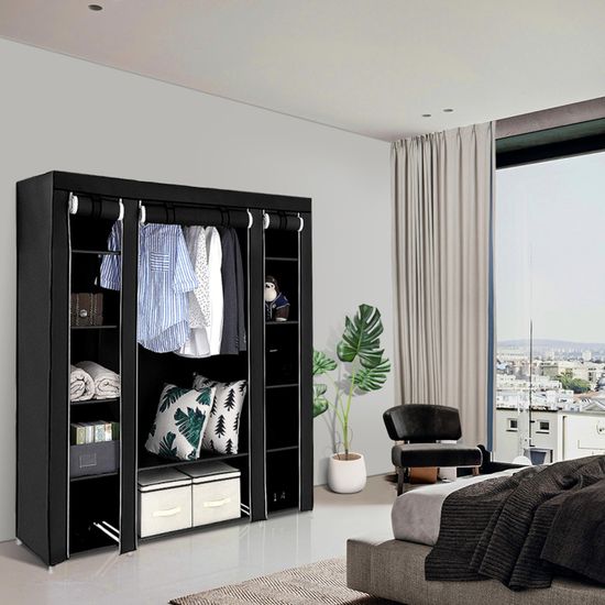 Armoire De Rangement Tissu 105x45x170 Cm - Penderie Portable Noire Avec Barre, Grande Capacité, Anti-Poussière