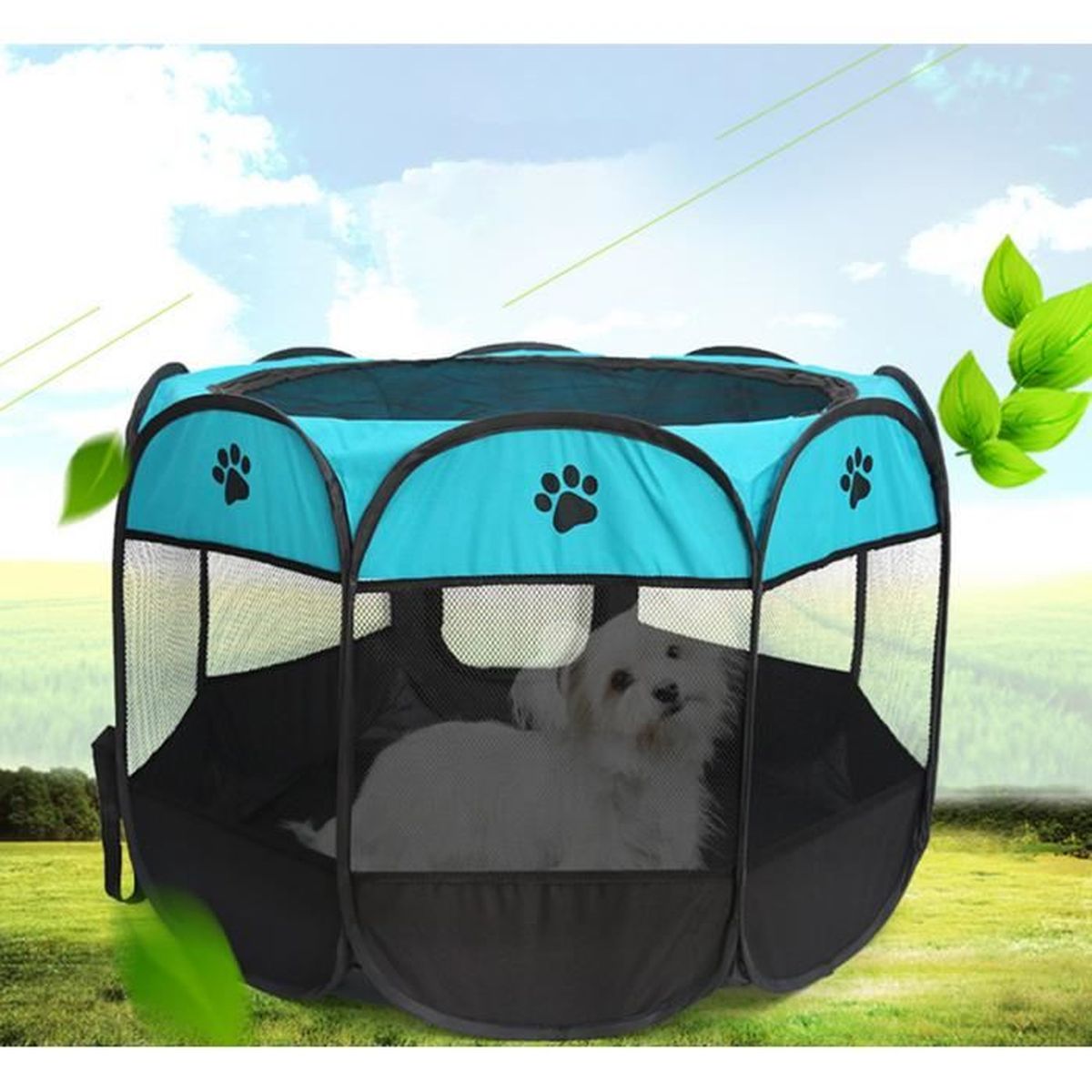 Parc Pliable Pour Chiot/chaton 110x110x60 Cm - Enclos Portable Avec Toit Filet, Poche Rangement, Intérieur/extérieur