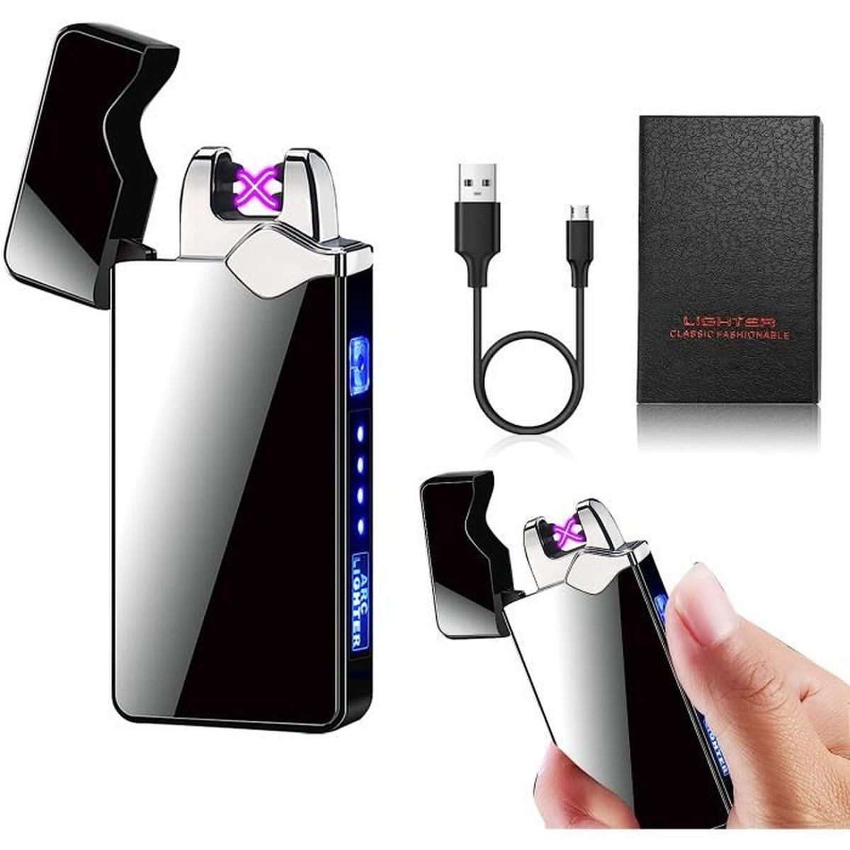 Lot De 2 Briquets électriques à Arc Rechargeables USB - Indicateur De Batterie, Allumage Sans Flamme - Noir
