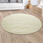 Paco Home Tapis Shaggy Tapis De Salon Fausse Fourrure Poil Long Monochrome Jaunâtre-Blanc 120 cm rond